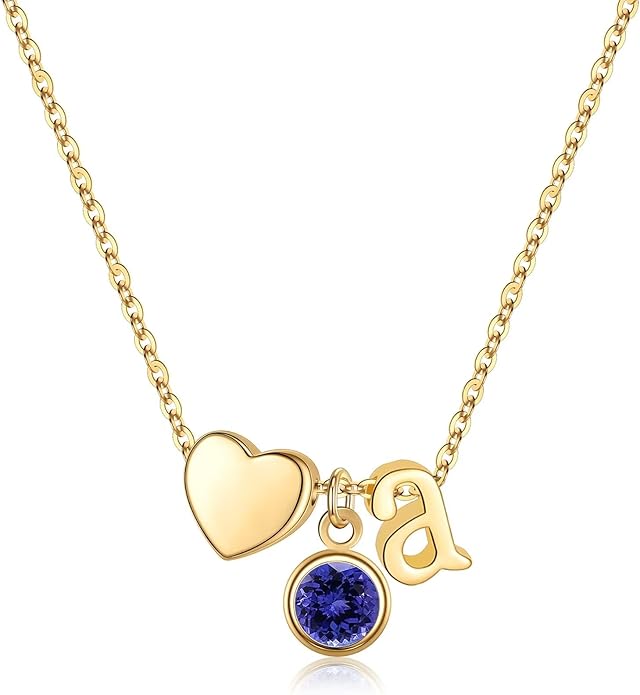 Ursilver Initial Birthstone Necklace for Women - Heart Initial Birthstone Pendant Necklace Personalized Gifts Birthday Gifts for Women
