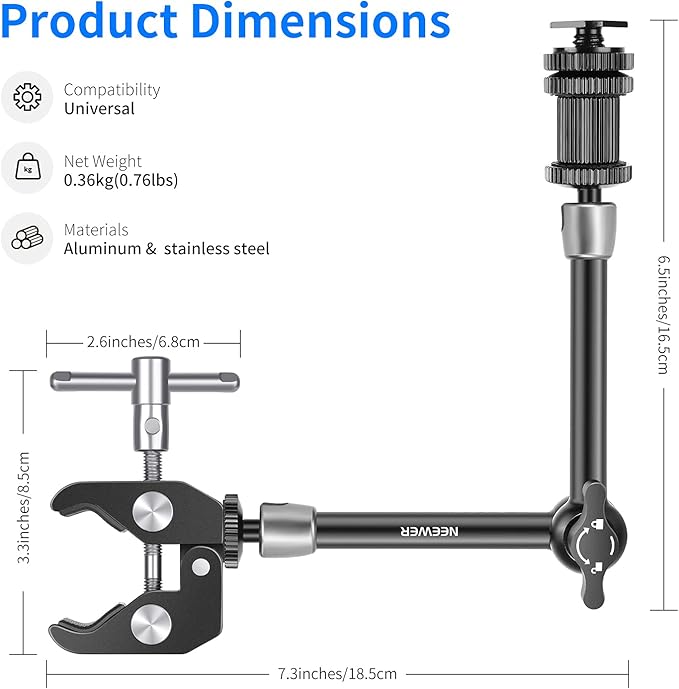 NEEWER 5.9"/15cm Adjustable Friction Magic Arm with 1/4" Screw on Both Ends, Compatible with SmallRig Cage, Flash/LED Light/Microphone/Monitor/SuperClip, Max Load 4.4lb/2kg, ST15