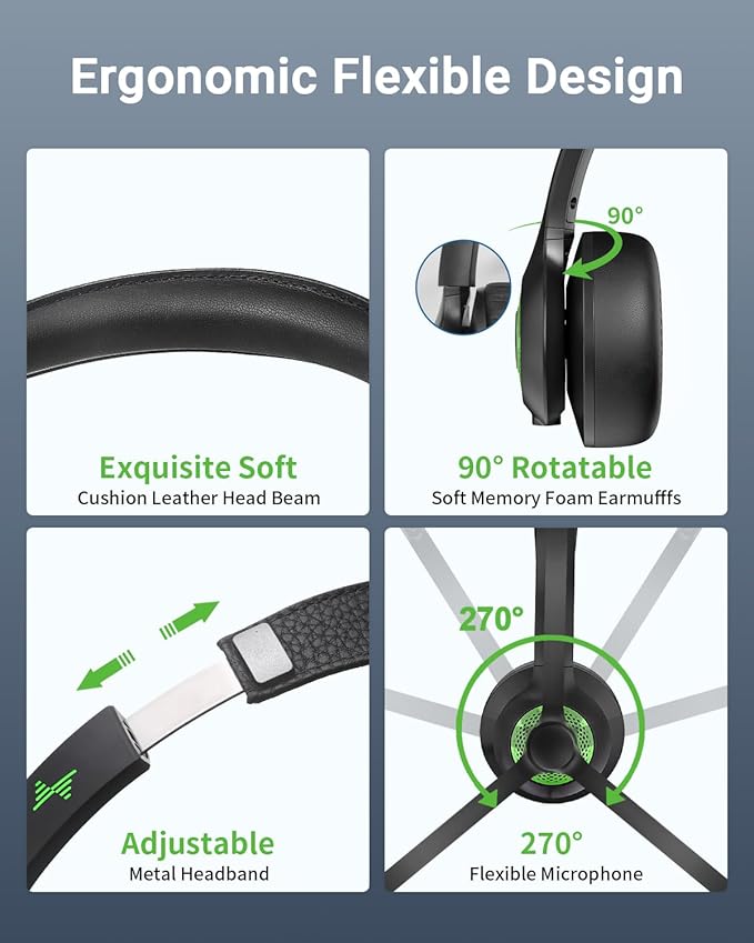 Wireless Headset with AI Noise Cancelling Microphone Bluetooth Headset - Bluetooth V5.2 Headphones with USB Dongle, Charging Base & Mic Mute for Computer/Laptop/PC/iPhone/Android/Cell Phones-Green