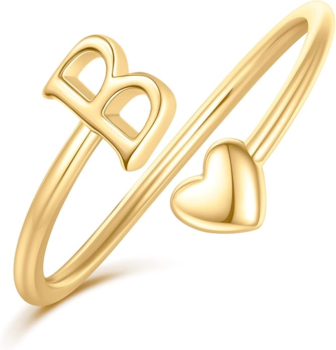 Initial Rings for Women Girls - Valentines Day Gifts for Her, Adjustable Rings for Women Non Tarnish Letter A-Z Dainty Heart Ring Teen Girls Gifts Trendy Stuff Personalized Jewelry Gift