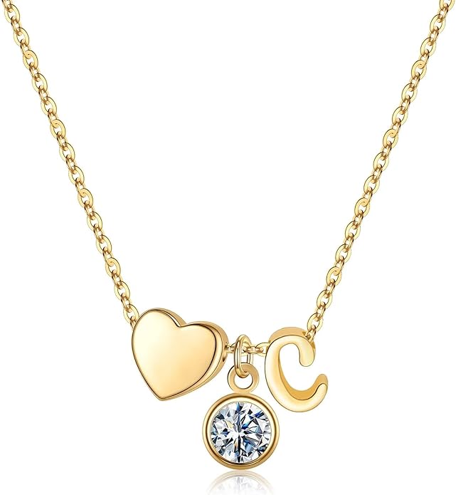 Ursilver Initial Birthstone Necklace for Women - Heart Initial Birthstone Pendant Necklace Personalized Gifts Birthday Gifts for Women