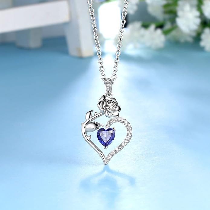 Jewmon Valentine Day Gifts for Her Rose Heart Birthstone Necklace for Women 925 Sterling Silver Birth Stone Flower Rose Necklace Anniversary Love GIfts for Girlfriend Wife Mom Birthday Gifts for Her
