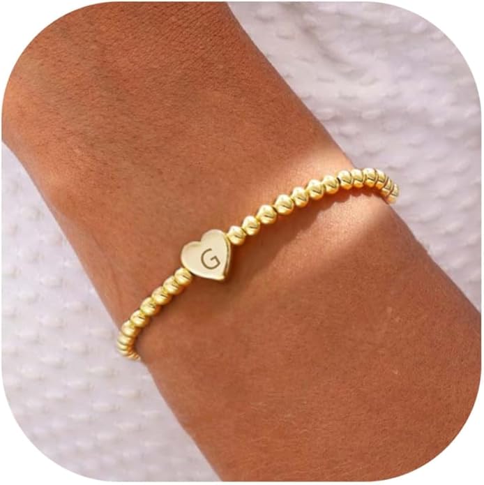 Valentines Day Gifts for Women Her - Dainty Beaded Heart Initial Bracelets Letter A-Z Charm Stretch Bead Ball Bracelet Trendy Jewelry Gifts