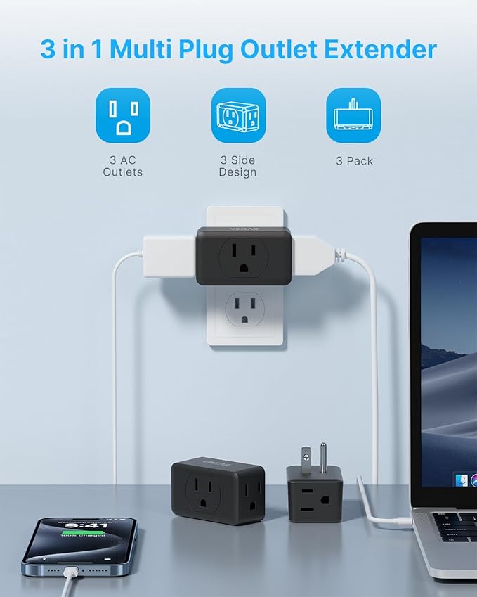VINTAR 3 Pack Multi Plug Outlet Extender, Adapter, Splitter, Black, Type A, 125V, 15A, ETL Certified