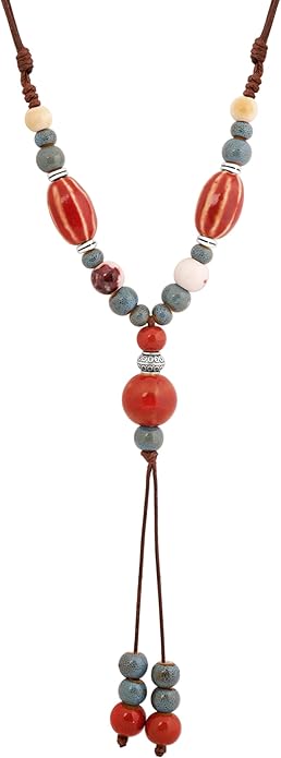 MINACHI Vintage Bohemian Ethnic Colorful Ceramic Bead Long Y Necklace, Hippie Boho Summer Fashion Jewelry Gift for Women