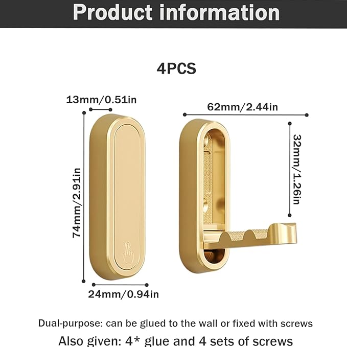4PCS Gold Foldable Wall Hooks, Metal Folding Hooks Wall Mount, Easy Installation, Suitable for Bathroom Kitchen, Flip Down Hook for Wal l Hanging Coat, Bag, Towel, Key, Hat (Gold)