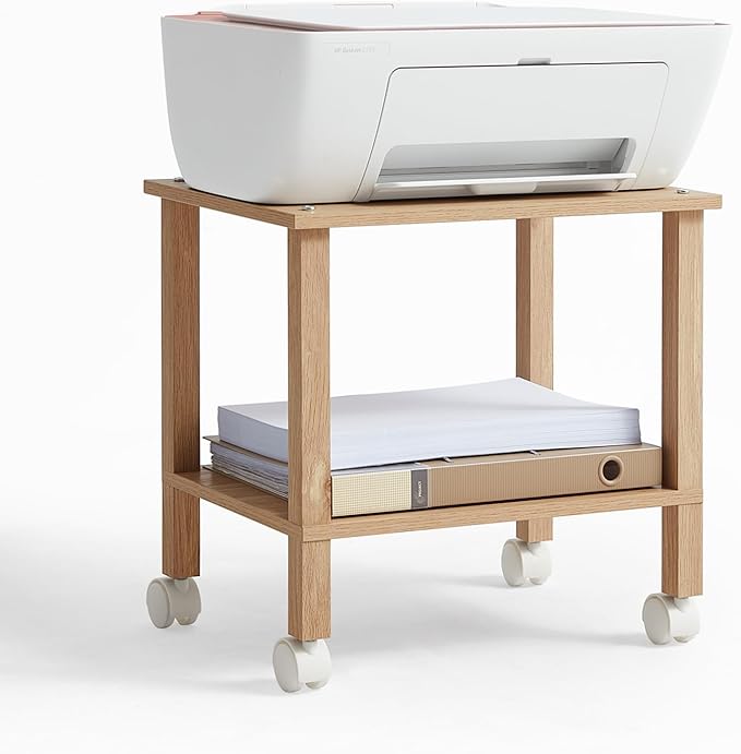 2 Tier Printer Stand with Storage,Under Desk Shelf Printer Table,Small Printer Stand with Wheels,Rolling Printer Cart for Office,Home,Wood Color