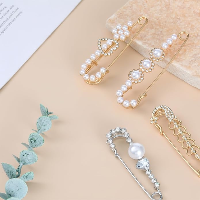 4 Pieces Pearl Brooch Pins, Faux Crystal Decorative Safety Pins for Clothing Sweater Shawl Pin and Brooches Pearl Safety Pin for Women Dress Pants Scarf Skirt Cardigan Collar