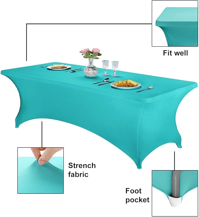 FORLIFE 2Pack Spandex Table Covers，Fitted Tablecloth for Rectangular Tables, Stretch Patio Table Covers, Universal Spandex Table Cover for Wedding, Banquet, Party (8ft, Turquoise)
