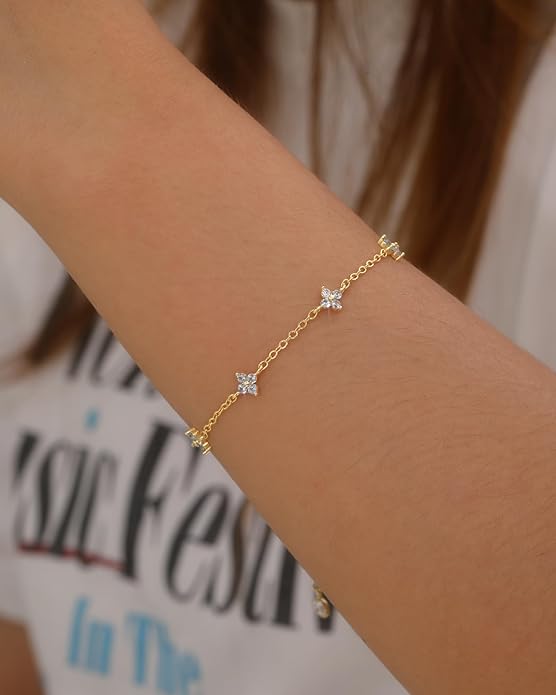 JSJOY Birthstone Bracelets for Women, 14K Gold Bracelets for Women Mom Gifts Birthday Valentines Day Gifts for Gf Dainty Flower Gift for Her Birthstone Bracelet Mothers Day Gift