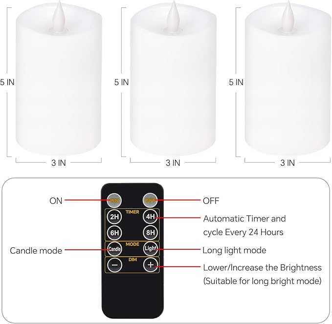 3PCS, 3 x 5 inches Flameless Candle with Remote Control, 3D Flickering Wick, Real Wax Pillar LED Candles, Battery Candles,with Timer,for Holiday Home Decor,White