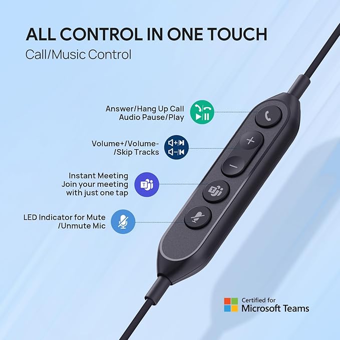 Yealink UH42 USB Headset with Microphone for PC Computer, Wired Headphones Teams Certified, Noise Cancelling Mic, in Line Control, Mute Button, Cable Length 7.05FT, All Day Comfort
