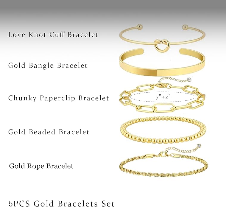 Gold Bracelets for Women 18k Gold Plated Bracelet Stack Bangle Cuff Bracelet Set for Women Non Tarnish Beaded/Paperclip/Cuban Link Chain Bracelets Jewelry for Women Trendy