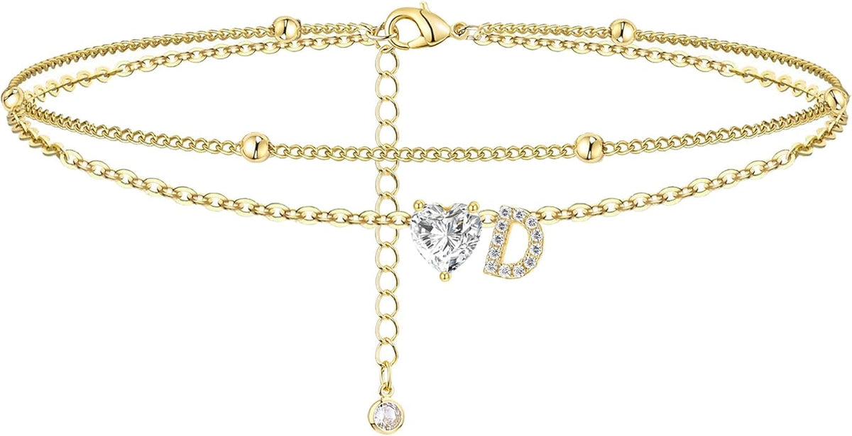 Ankle Bracelets for Women Waterproof 14K Gold Plated CZ Initial Anklet for Women Dainty Layered Letter Heart Ankle Bracelets Handmade Adjustable Foot Chain Anklet Summer Beach Jewelry