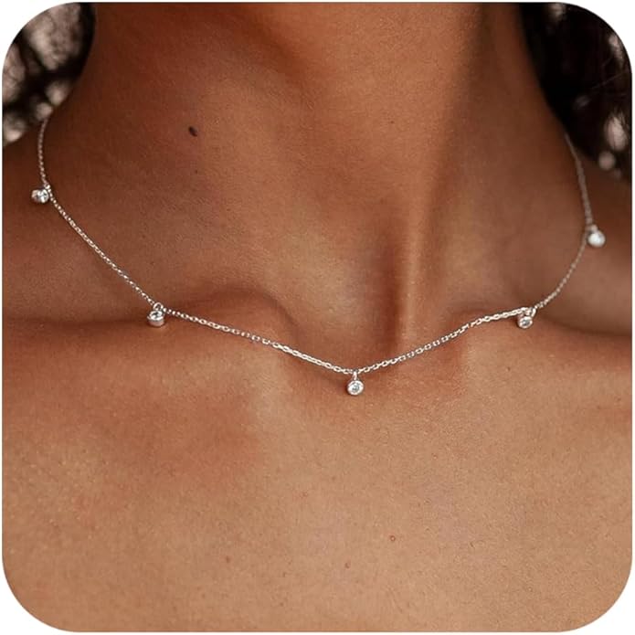 Valentines Day Gifts for Women Her - Dainty Necklaces for Women Cute Station Choker Simulated Diamond Necklace Simple Layering CZ Necklace Trendy Jewelry Gifts