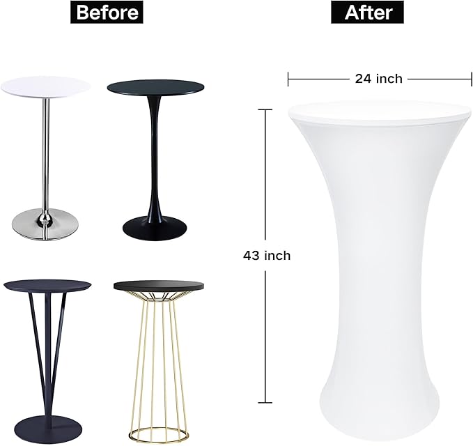 5PCS 24x43 Inch Round Fitted Cocktail Table Cover White Spandex Cocktail Table Cloth Highboy Fitted Tablecloth High Top Table Cloths for Party Pub Banquet Bistro
