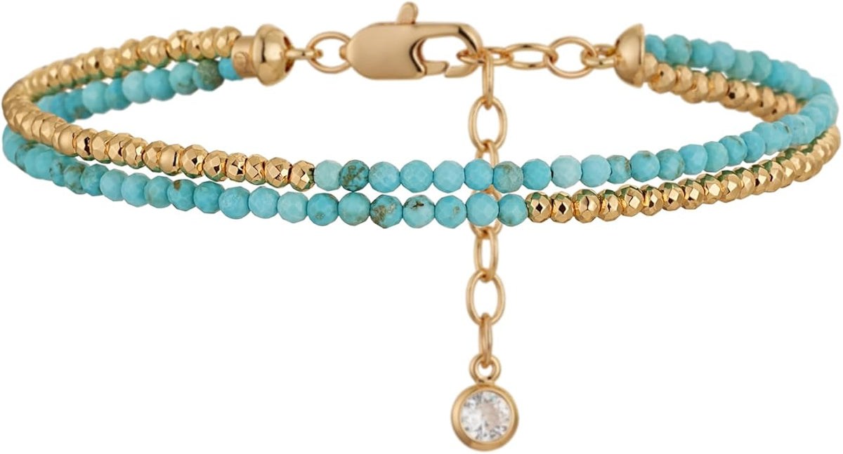 MYEARS Women Beaded Bracelet Gold Double Layer Gemstone 14K Simple Dainty Handmade Chain Everyday Boho Beach Jewelry