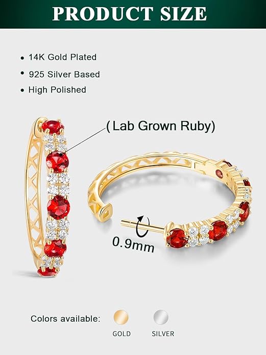 Women's Huggie Hoops with Birthstone 925 Sterling Silver Huggie Stud Hypoallergenic 14K Gold Plated Moissanite Earrings -Emerald Sapphire Ruby Hoop Earrings, Size 20 25mm