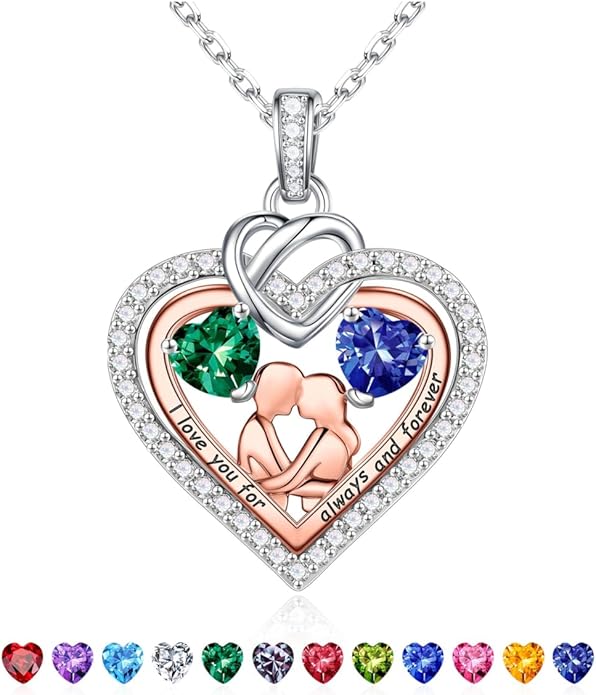 Iefil Valentines Day Gifts for Her - 925 Sterling Silver Double Heart Birthstone Necklace for Women, Anniversary Birthday Gifts for Wife I Love You Gift Couple Sitting Hugging Each Other Jewelry Gift