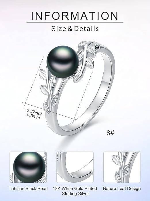 Tahitian Black Pearl AAAA 18K White Gold Plated Sterling Silver Rings for Women Wife Mom Girlfriend Valentine Her Jewelry Gift for Christmas Wedding Anniversary Birthday Graduation