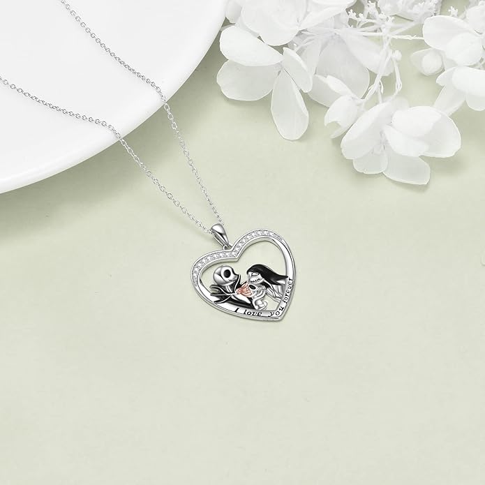 LILALO Nightmare Necklace Sterling Silver Abalone Shell Crystal Jack and Sally Necklace Jack Skellington Skull Jewelry Skull Necklaces for Women