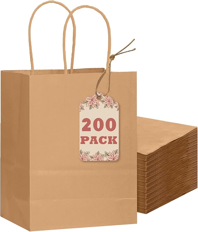 qiqee 200-Packs Brown Paper Gift Bags with Handles Bulk 8.3"x6"x3.15" Small Size Paper Bags Multiple Uses