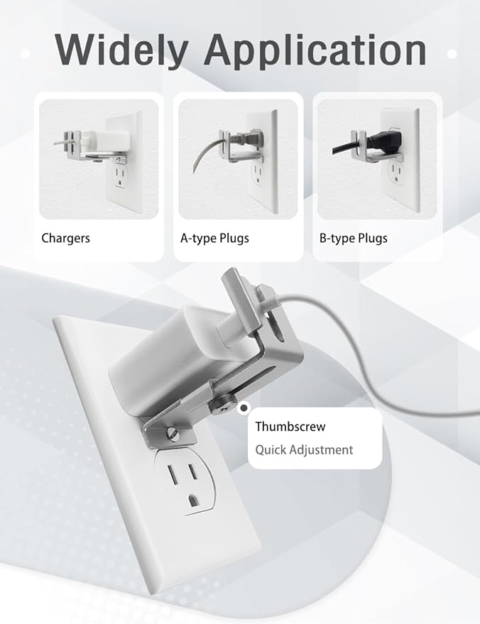 Charger Lock to Outlet, ILIVABLE Adjustable Metal Outlet Lock, Firmly Secures Power Plug from Unplugging (Silver, 1 Pack)