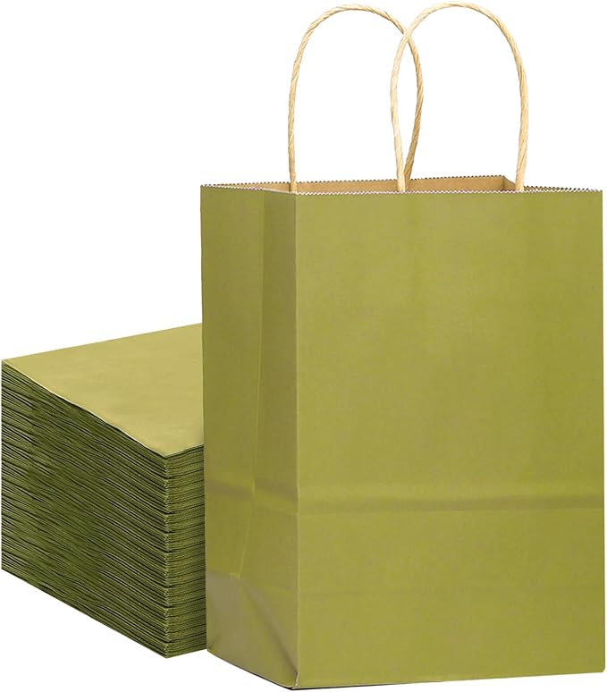 qiqee Large Kraft Paper Bags with Handles 13"x10"x5" 32 pcs Gift Paper Bag Sage Green Solid Color Bags（Large Size）