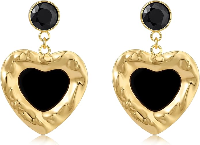 Black/White/Red/Green/Blue/Brown Heart Earrings for Women, Gold Plated Vintage Gold Earrings with Hypoallergenic Posts,Lightweight Black and Gold Dangle Statement Jewelry, Gift for Women—Girlfriend Wife Mom for Wedding, Party, Valentines Day Gifts for Her