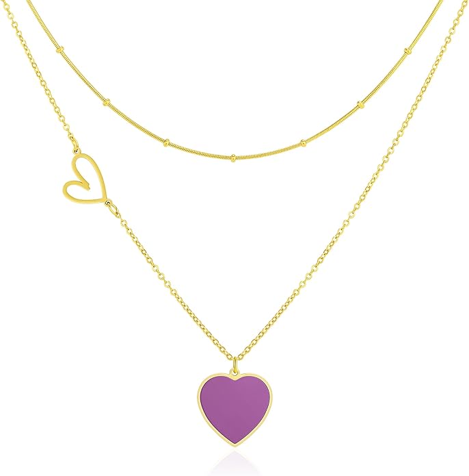 Linawe Layered Choker Heart Pendant Necklace for Women Trendy, Gold/Silver/Rose Gold Chain Stainless Steel Stacked Necklaces, Double Heart Necklace Y2K Preppy Jewelry