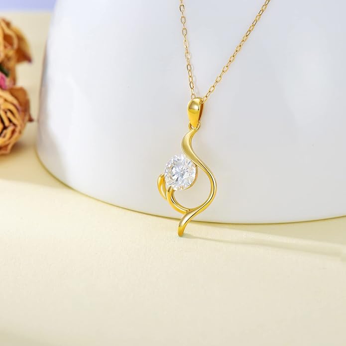 SISGEM 14K Real Gold 1 Carat Round-Cut Moissanite Necklace for Women,Yellow Gold Infinity/Heart Pendant Ribbon Necklaces Birthday Gifts for Wife Girlfriend 16''-18''