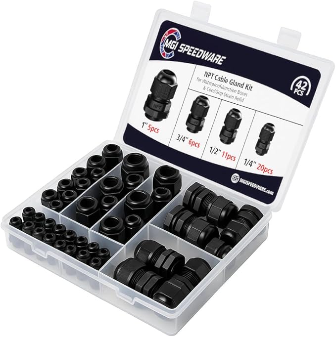 MGI SpeedWare 42 pcs NPT Strain Relief Nylon Cord Grip Cable Glands Assorted Kit, Black Plastic Grommet 1/4" 1/2" 3/4" and 1"