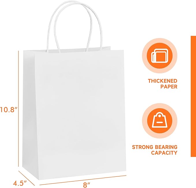METAPRINT Kraft Paper Gift Bags with Handles in Bulk, 50pcs White Paper Bags 8x4.5x10.8 inch, Recyclable Shopping Bags for Retail, Grocery, Party Favors, Wedding