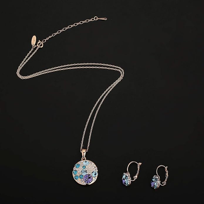 EVEVIC Austrian Crystals Round Disc Pendant Necklace Earrings for Women 14K Gold Plated Hypoallergenic Jewelry Sets