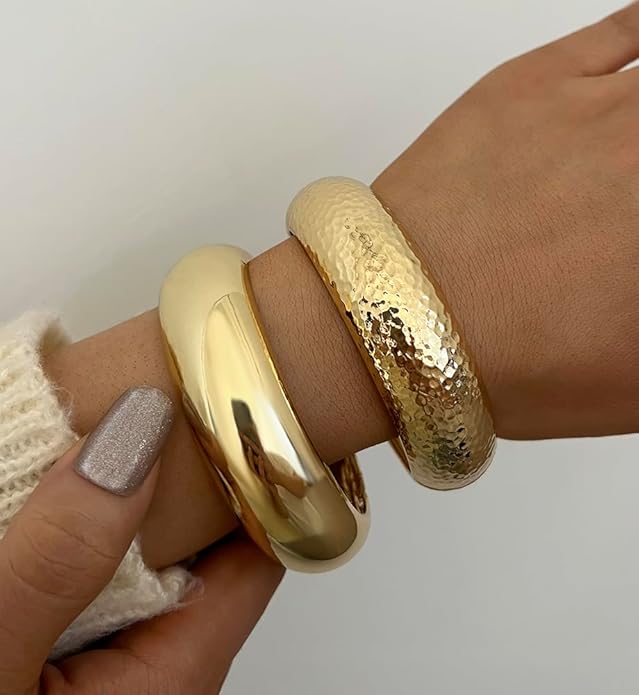 Chunky Gold Bangle Bracelets for Women, Dainty 14k Gold Plated Big Stackable Bangles Set, Trendy Statement Cuff Bracelet Stack Fashion Jewelry Christmas Gifts