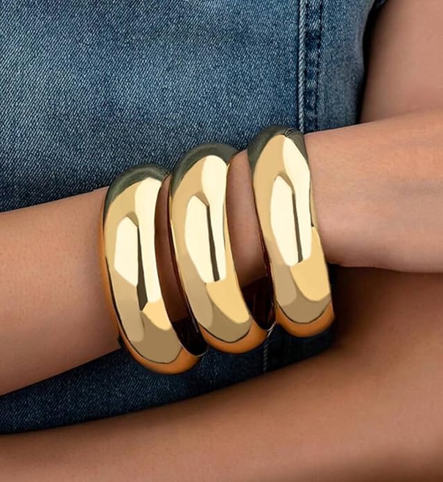 Chunky Gold Bangle Bracelets for Women, Dainty 14k Gold Plated Big Stackable Bangles Set, Trendy Statement Cuff Bracelet Stack Fashion Jewelry Christmas Gifts