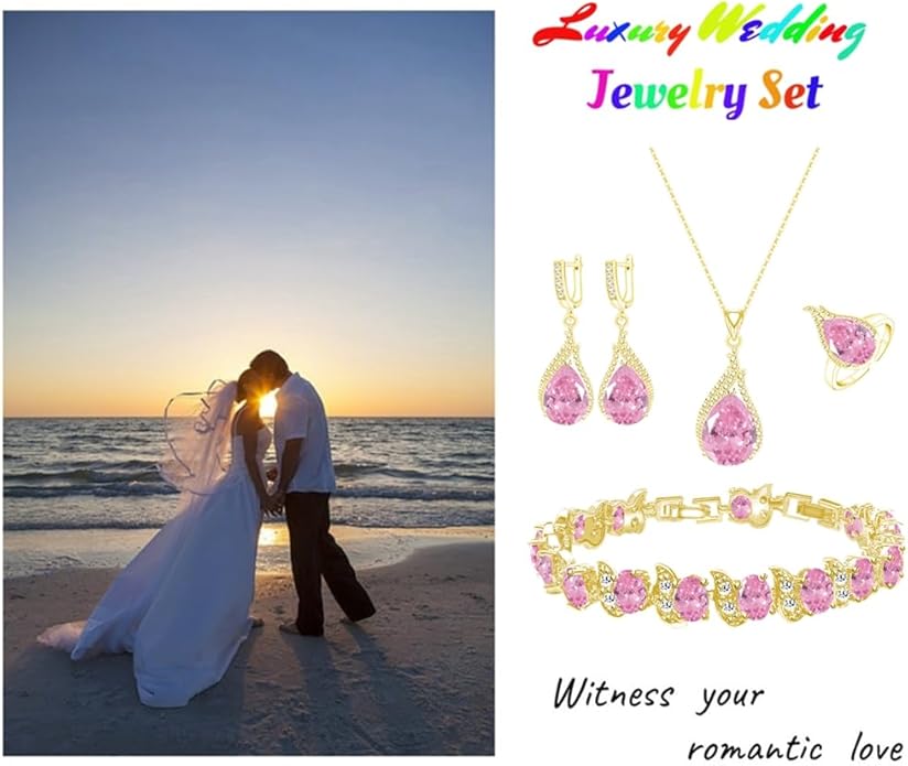 LMXXVJ Jewelry Set for Women,Teardrop Cubic Zirconia Necklace Earrings Adjustable Ring Bracelet Jewelry Set Formal Jewelry Gift