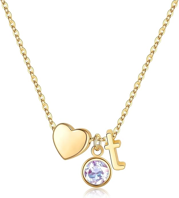 Ursilver Initial Birthstone Necklace for Women - Heart Initial Birthstone Pendant Necklace Personalized Gifts Birthday Gifts for Women