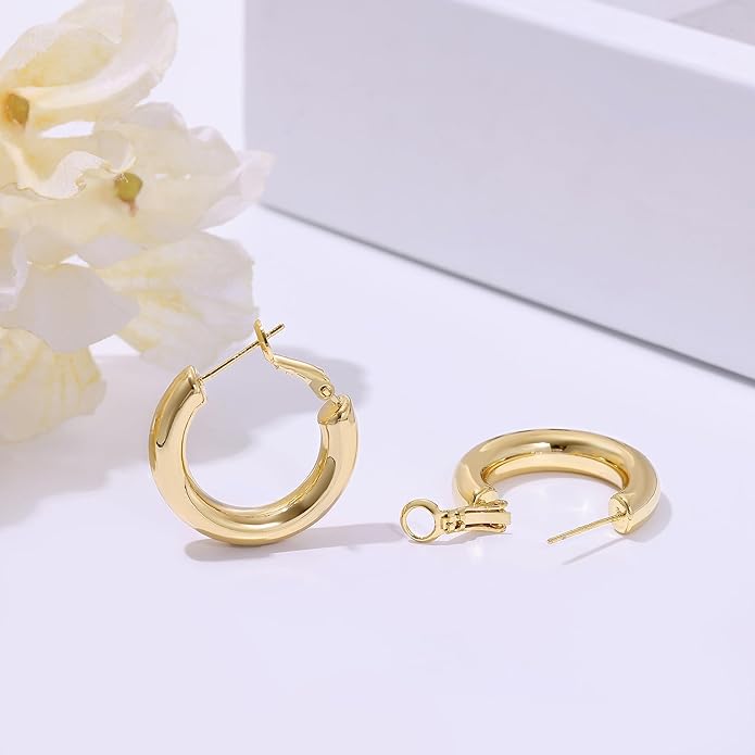 sovesi Chunky Gold Hoop Earrings for Women with 925 Sterling Silver Post, 14K Gold Plated Small Thick Gold Hoops Earrings for Women