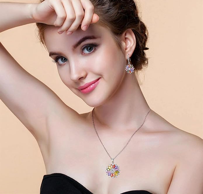VONSSY Colorful Snowflake Pendant Necklace Earrings Rose Gold 5A Cubic Zirconia | Crystal Sweater Chain | Multi Gemstone Garnet Amethyst Morganite Peridot Prom Rhinestone Necklaces for Women Vintage Stylish Gift