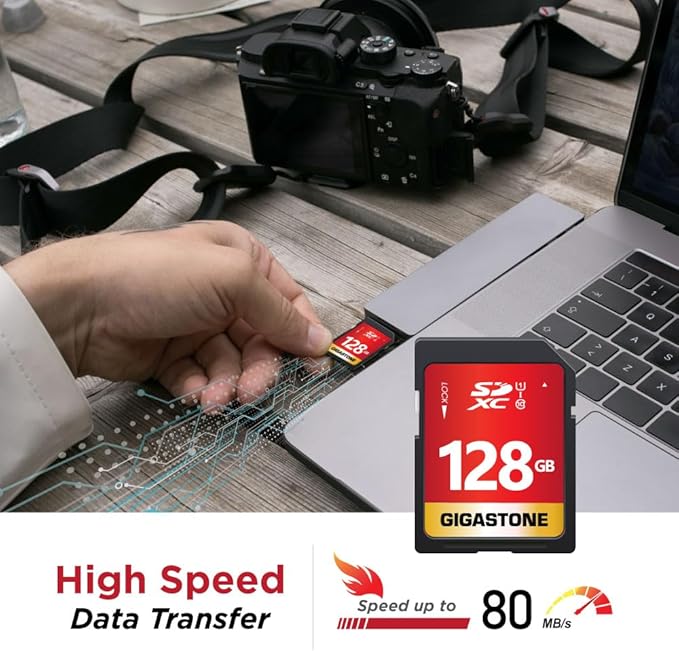 GIGASTONE 128GB SD Card UHS-I U1 Class 10 SDXC Memory Card Full HD Video for Canon Digital Camera, Full-Sized SD Card, with 1 mini case