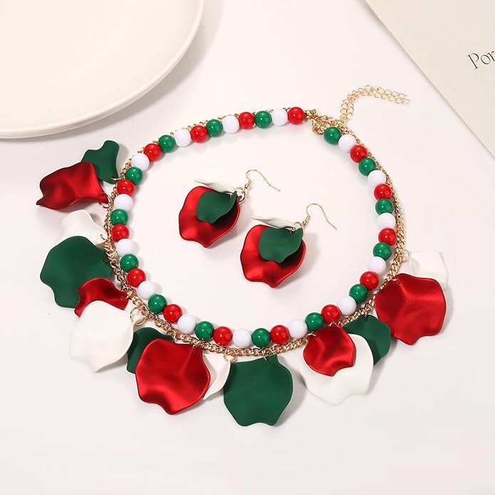 Flower Petal Necklace Earrings Set Layered Statement Beaded Jewelry Set for Women Summer Necklace Earrings