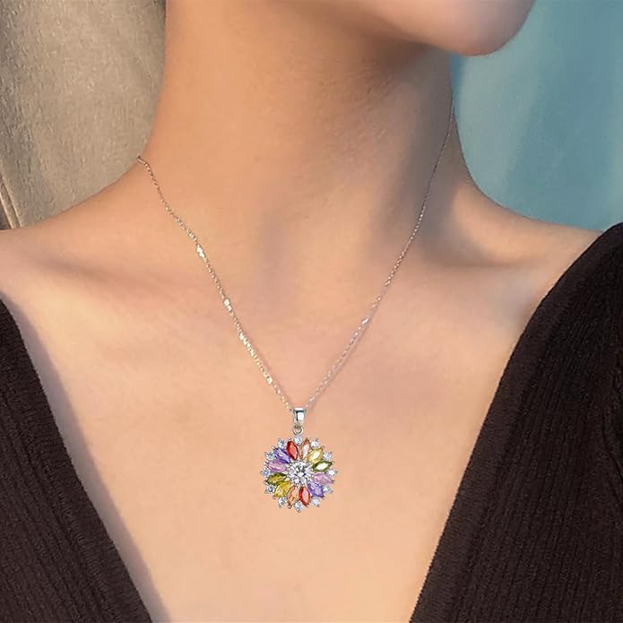 VONSSY Colorful Snowflake Pendant Necklace Earrings Rose Gold 5A Cubic Zirconia | Crystal Sweater Chain | Multi Gemstone Garnet Amethyst Morganite Peridot Prom Rhinestone Necklaces for Women Vintage Stylish Gift