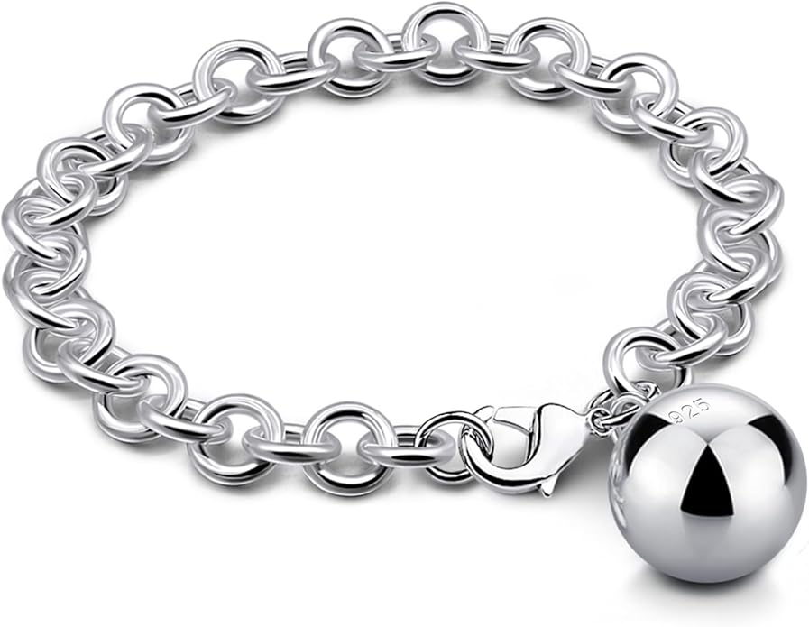 Dankadi Women 925 Sterling Silver Round Cable Wire Link Bracelet Charm Heart-Bell-Square-Circle Pendant Chain Bangle Fine Jewelry Gift For Wife Her