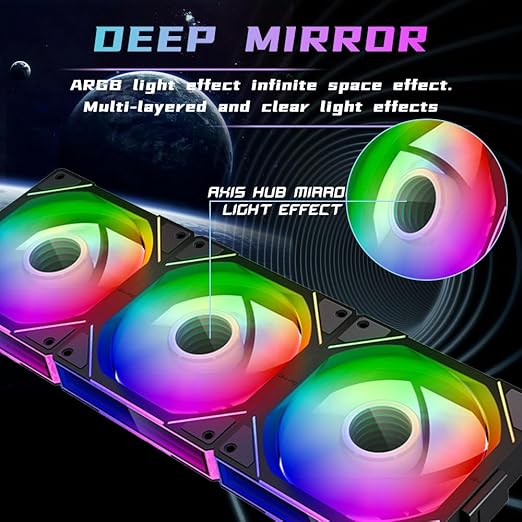 Jungle Leopard Interstellar V1 120mm PC Reverse Blade Case Fan, Infinity Mirror Module Daisy-Chain 5V ARGB PWM PC Fan Triple Pack Suitable for Computer Case & CPU Cooling(Black-3 Pack)
