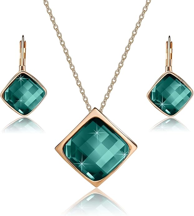 EVEVIC Square Austrian Crystal Necklace Earrings for Women Fashion 18K Gold Plated Hypoallergenic Jewelry Set