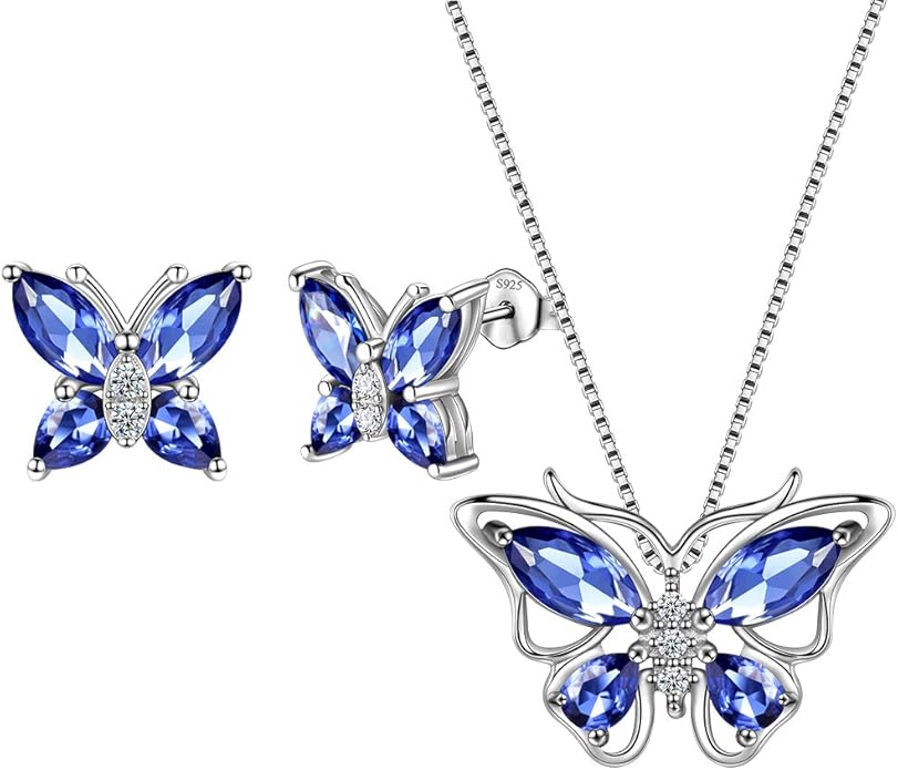 Aurora Tears Butterfly Jewelry,Women 925 Sterling Silver Butterflies Birthstone Pendant Necklace/Earrings/Rings Wedding Gift