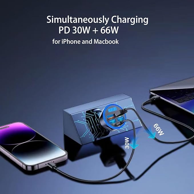 Multi Port USB C Car Phone Charger with Voltage Display Real PD 30W Super Fast Cigarette Lighter USB-C Charger Adapter for MacBook iPhone 16/15/14/13/12 Galaxy Android Phones