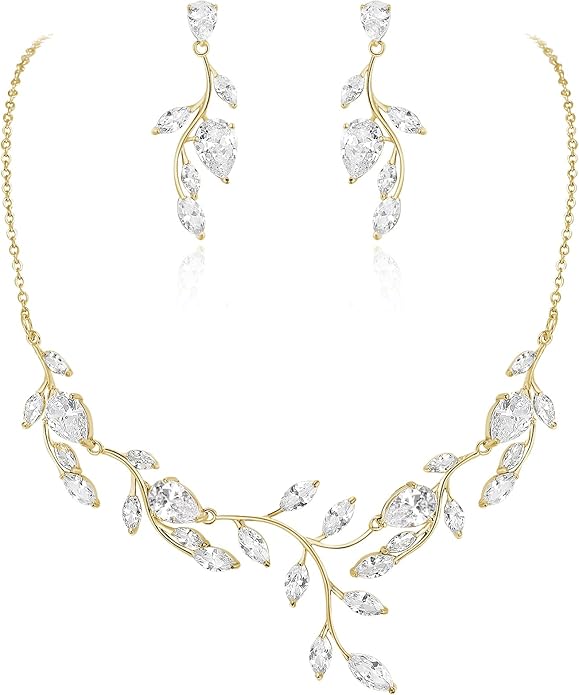 EVER FAITH Wedding Jewelry for Bride Women Bridesmaid, Sparkly Cubic Zirconia Pear-Shaped Birthstone Leaf Necklace Earrings Set for Prom