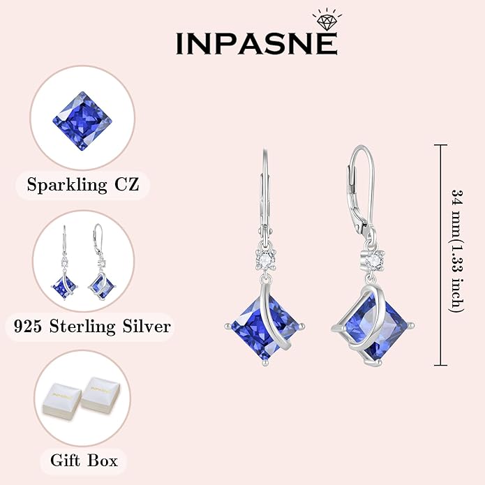 Square Princess Cut Necklace and Earrings Set 925 Sterling Silver Solitaire Tanzanite Jewelry Set for Women December Birthstone Jewelry Gifts for Her